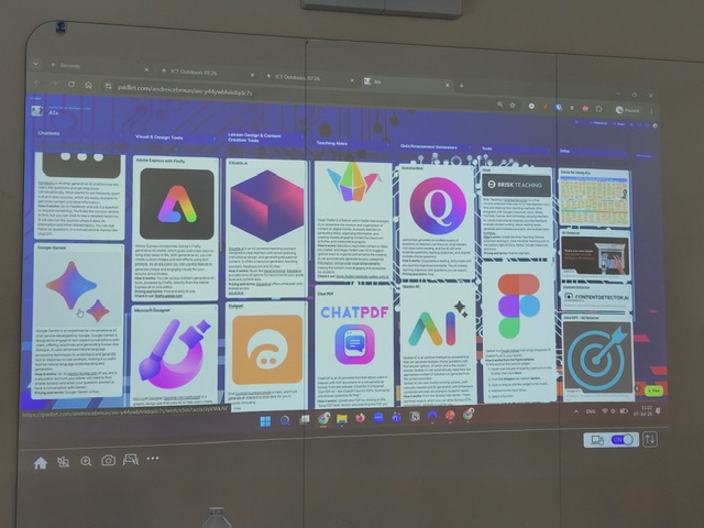 ICT and Outdoor Teaching and Learning w Nicei. Slajd przedstawia stronę z padletu, na którym pokazane są aplikacje wykorzystywane podczas kursu.