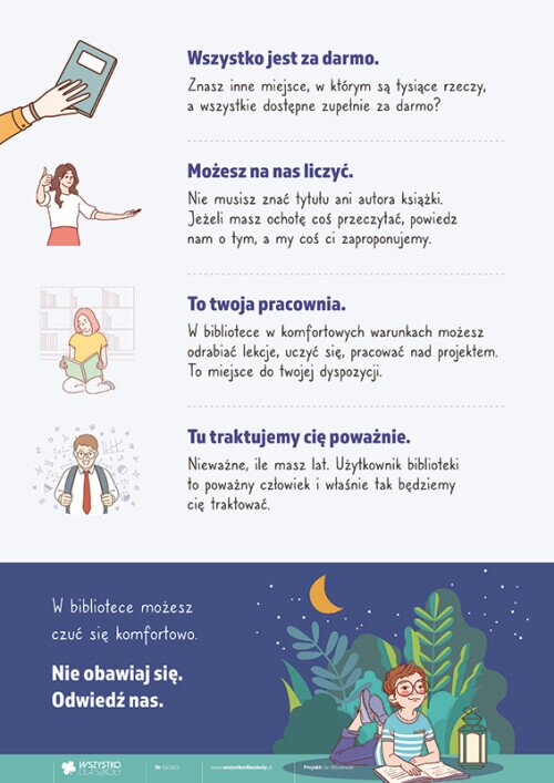 plakat rysunek osób korzystających z biblioteki