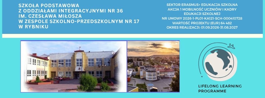 Logo wraz z wizerunkiem szkoły SP36 i informacjami na temat realizowanych projektów Erasmus+