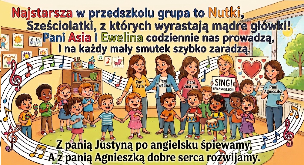 Obrazek przedstawia grupę dzieci wraz z nauczycielkami w sali przedszkolnej na tle pięciolinii, która opasa wszystkich dookoła. Obraz zawiera napisz: Najstarsza w przedszkolu grupa to Nutki, sześciolatki, z których wyrastają mądre główki. 