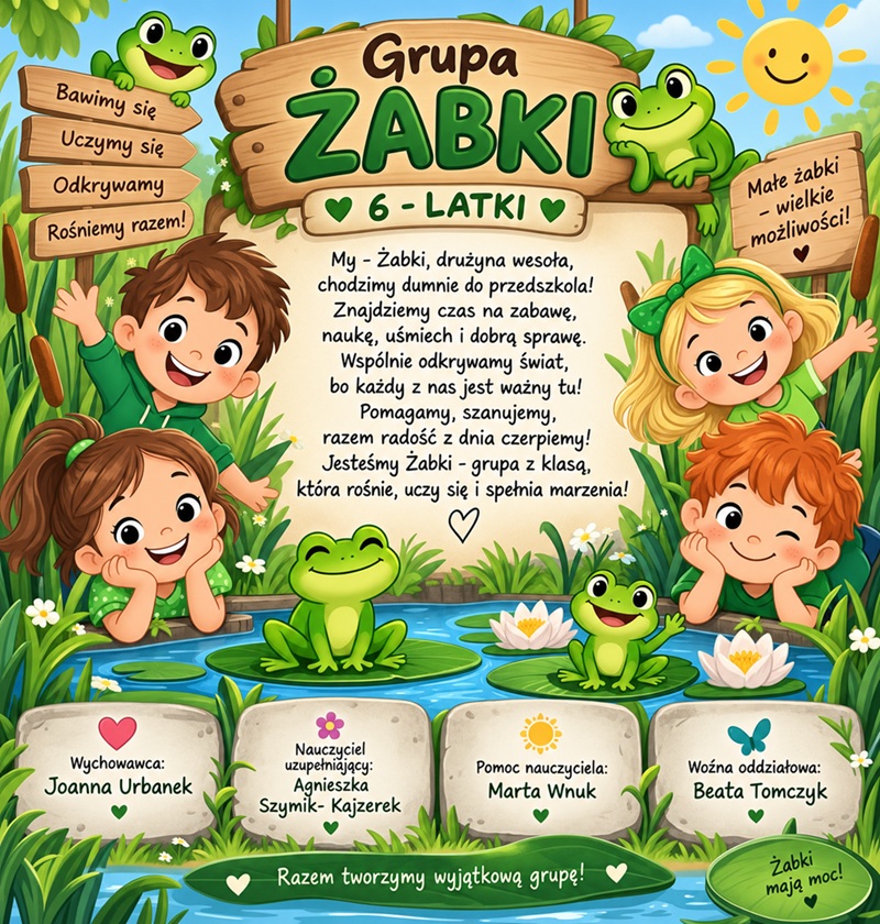 Obrazek przedstawia dzieci i żabki nad stawem oraz napis grupa Żabki, 6 latki. 