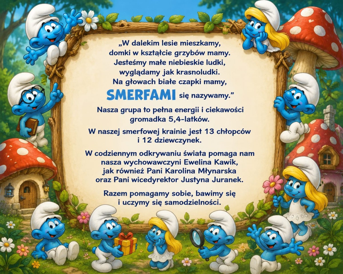 Obrazek przedstawia smerfy i opis grupy Smerfy, które są 5 i 4 latkami. 
