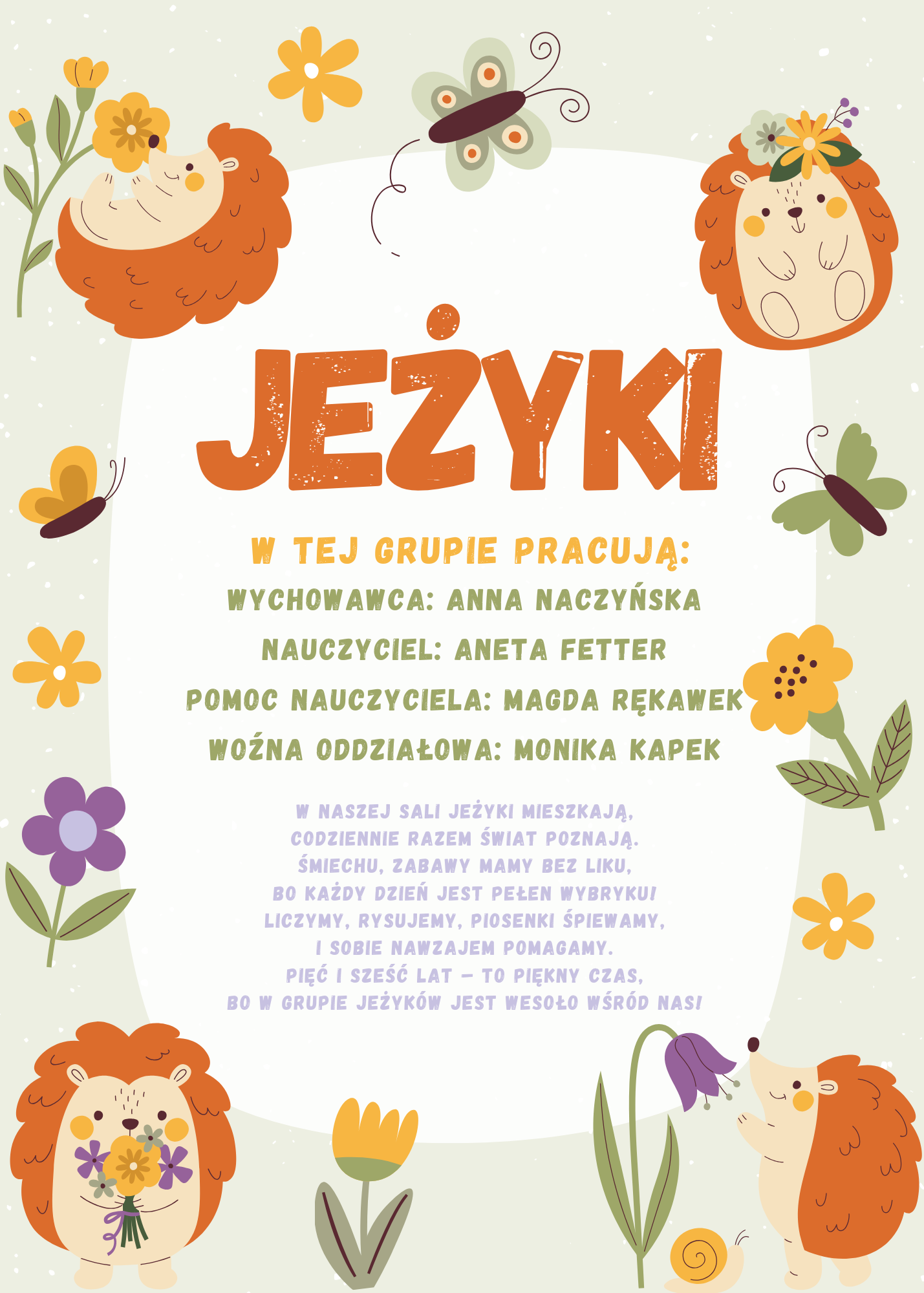Obrazek przedstawia ilustracje jeży, kwiatków oraz opis grupy. Grupa Jeżyki to grupa 6,5 latków.