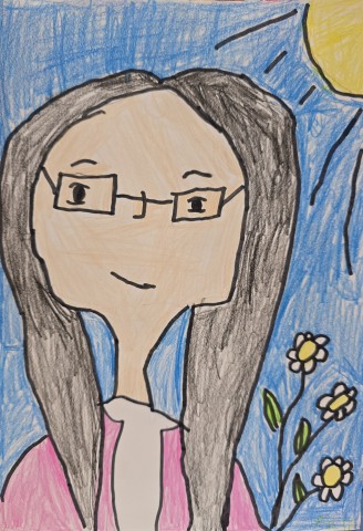 Portret przedstawia nauczycielkę w okularach na niebieskim tle.