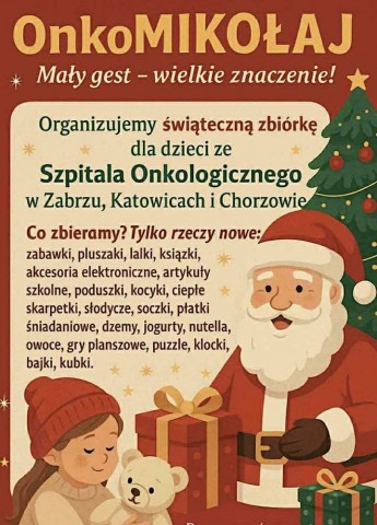 Zdjęcie przedstawia plakat przedstawiający zbiórkę dla dzieci ze szpitala onkologicznego w ramach wolontariatu.