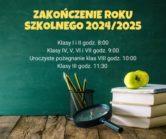 Plansza z informacją o godzinach zakończenia roku szkolnego.