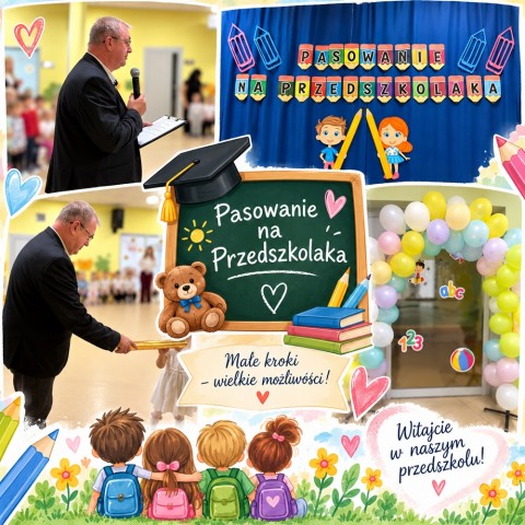Zdjęcie przedstawia balony, napis dekoracyjny oraz dyrektora Zespołu, który przykłada przedszkolakowi kredkę z okazji Pasowania na Przedszkolaka. 