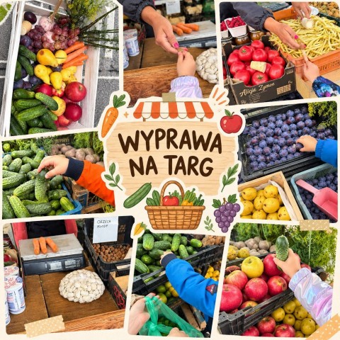 Zdjęcie przedstawia targ warzywny gdzie dzieci robią zakupy. 