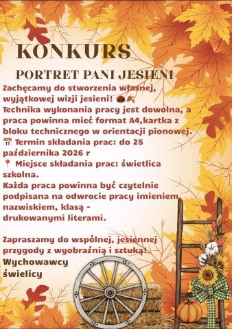 Plakat przedstawiający jesienny obrazek z liśćmi na dole oraz informacją o przeprowadzanym konkursie.